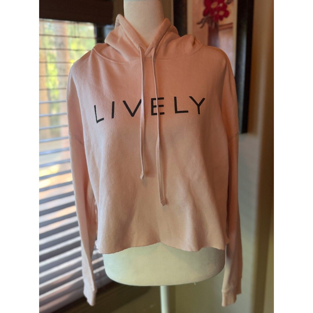 LIVELY Women's Cropped Hoodie Sweatshirt Pink Block Spellout Logo Size L Large